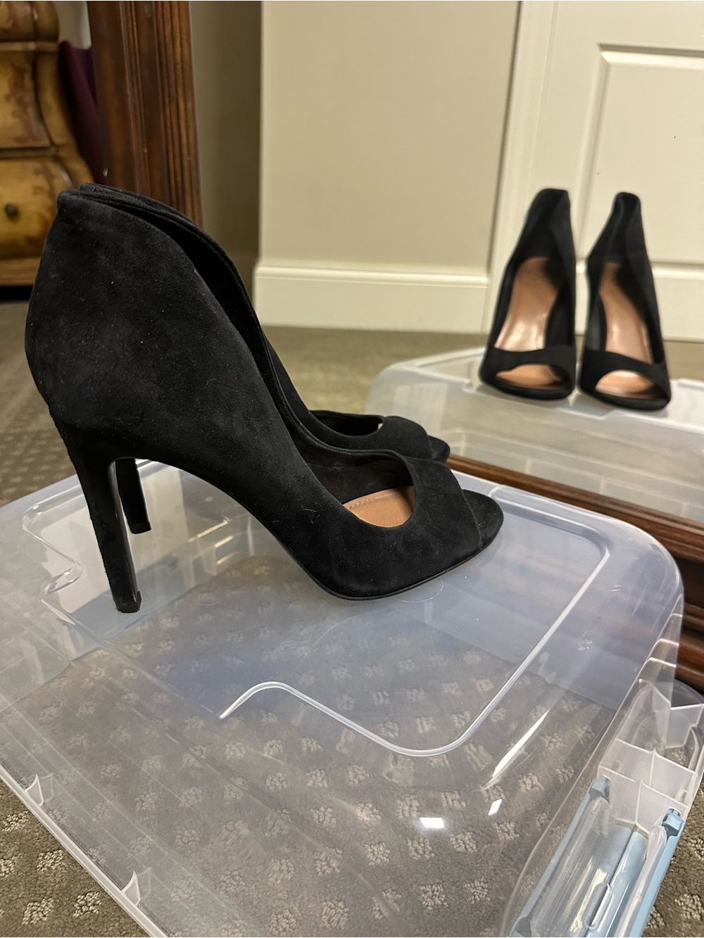 Vince Camuto Black Suede Peep-Toe Stiletto Heels